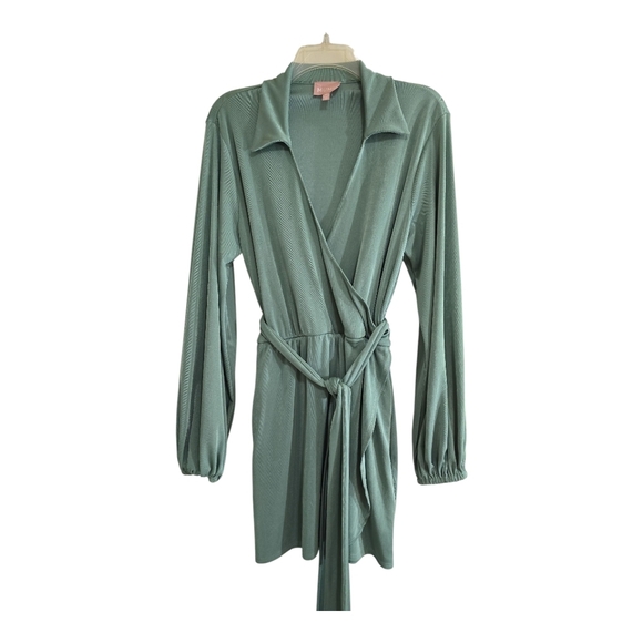 Show Me Your Mumu Chloe Collared Dress In Sage Green Medium Belted Surplice Neck - Picture 4 of 12